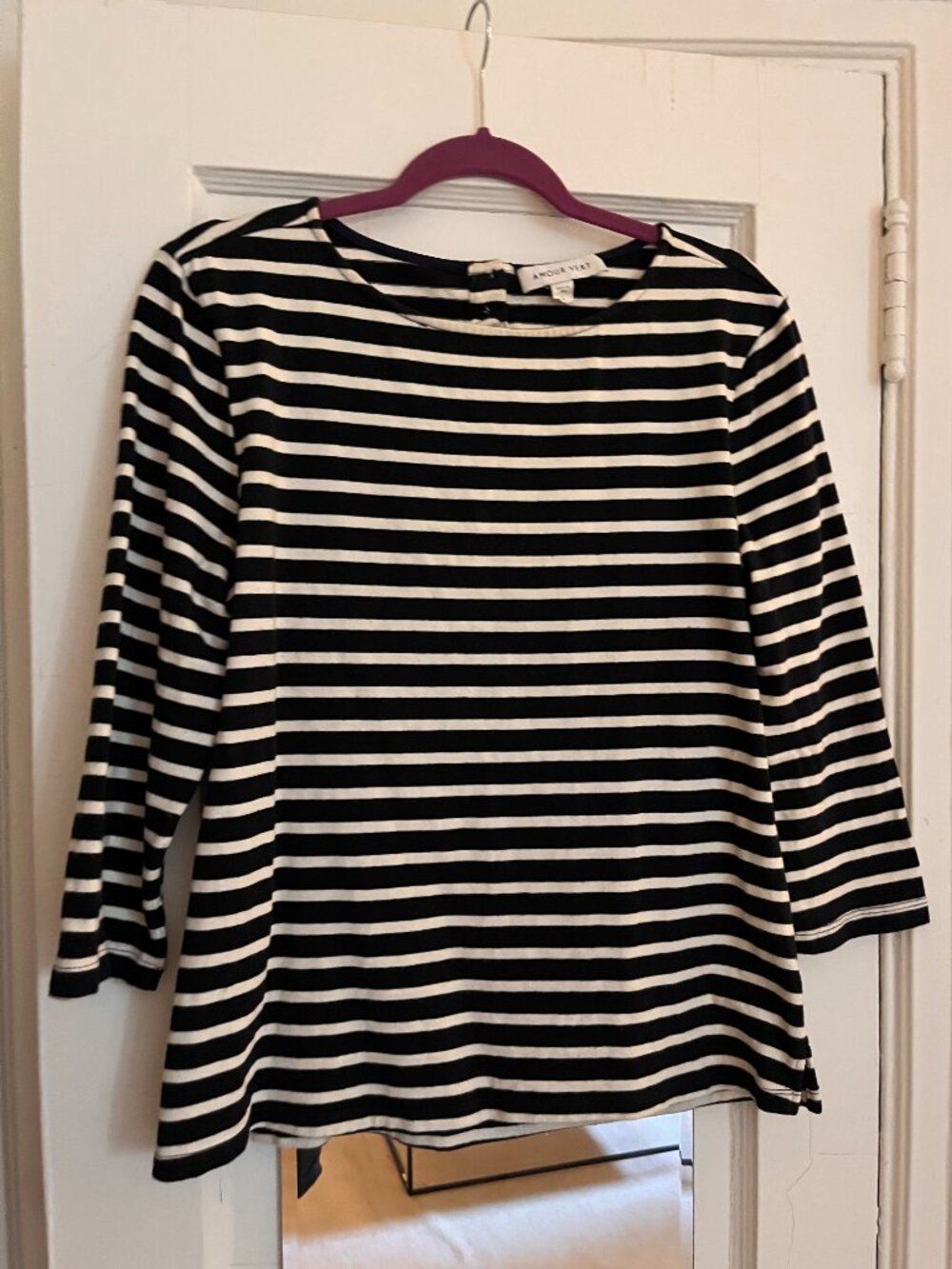 Amour Vert Black & White Striped Boat Neck Top  | Button Cutout Back | Size L